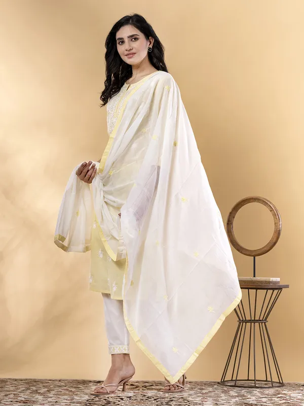 Yellow cotton straight cut kurti set with dupatta