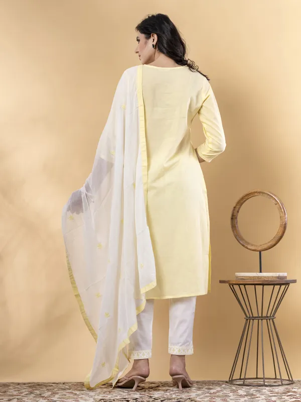 Yellow cotton straight cut kurti set with dupatta