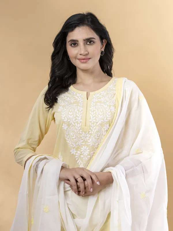 Yellow cotton straight cut kurti set with dupatta