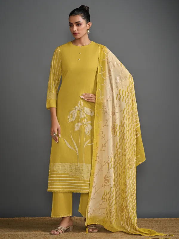 Yellow cotton thread worked salwar suit