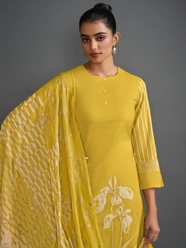 Yellow cotton thread worked salwar suit