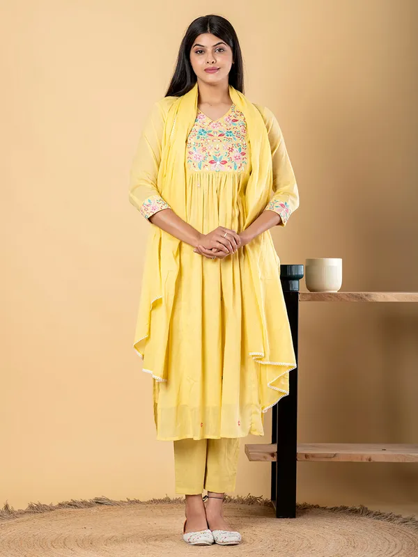 Yellow cotton yoke kurti set with dupatta