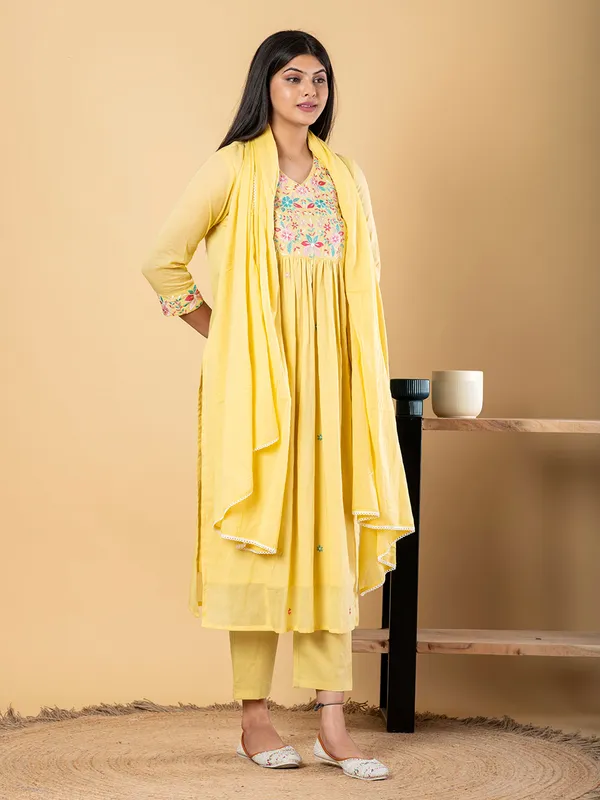 Yellow cotton yoke kurti set with dupatta
