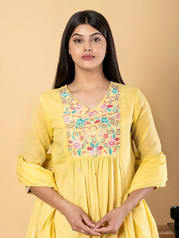 Yellow cotton yoke kurti set with dupatta