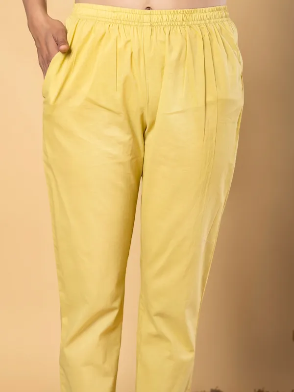 Yellow cotton yoke kurti set with dupatta