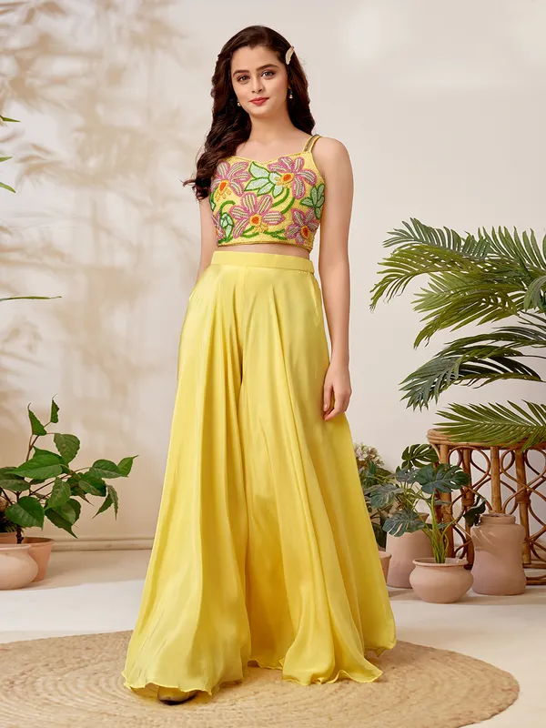 Yellow crepe silk palazzo designer festive salwar suit
