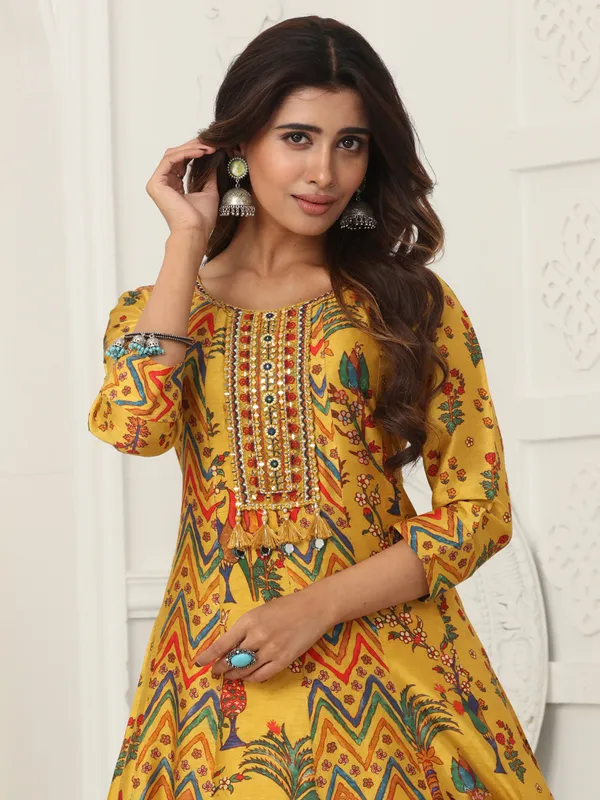 Yellow dola silk floor length suit with print