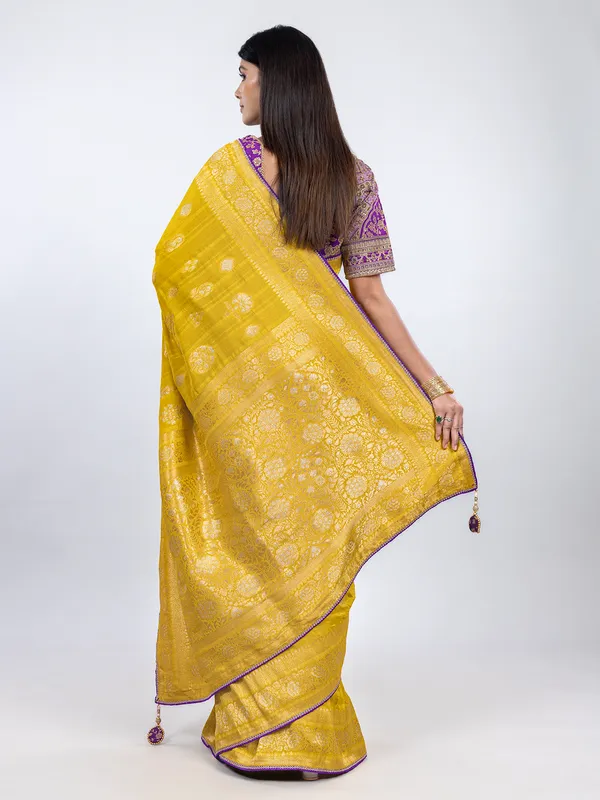 Yellow dola silk readymade festive wear saree