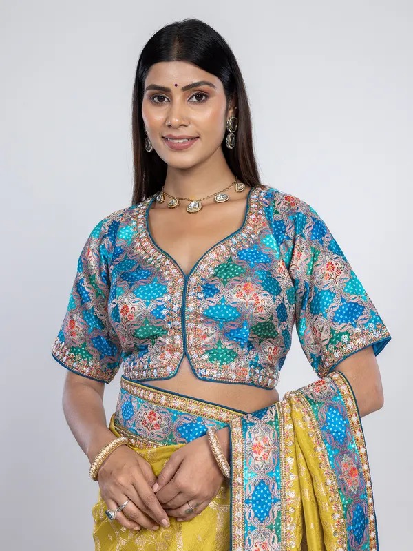 Yellow dola silk saree with contrast blue blouse