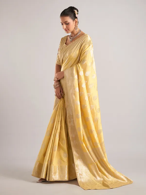 Yellow dola silk saree with zari work