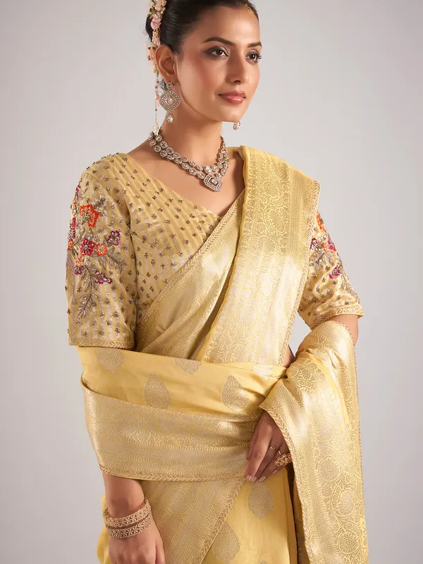 Yellow dola silk saree with zari work