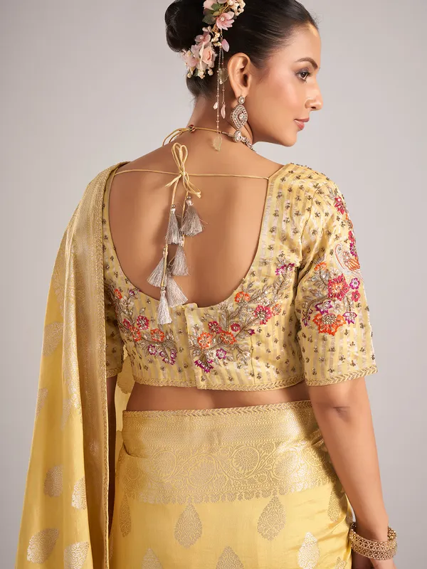 Yellow dola silk saree with zari work