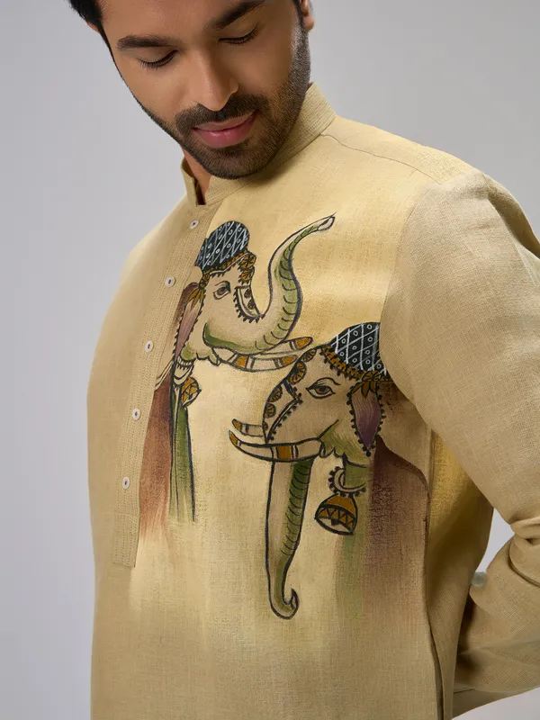 Yellow elephant painted linen kurta ensemble
