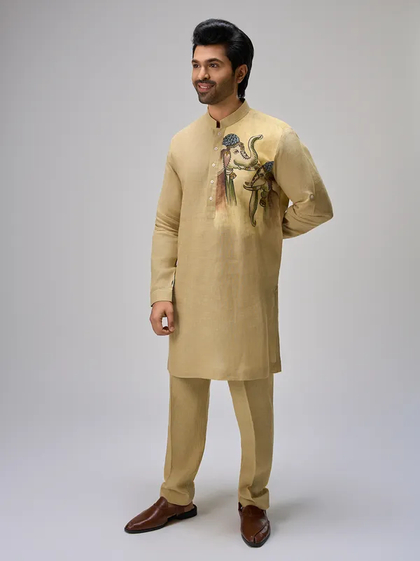 Yellow elephant painted linen kurta ensemble