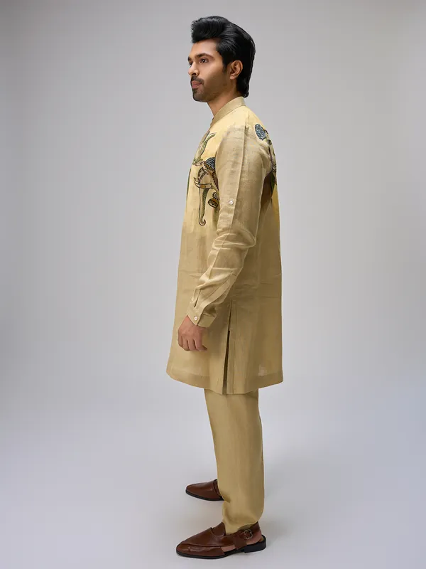 Yellow elephant painted linen kurta ensemble