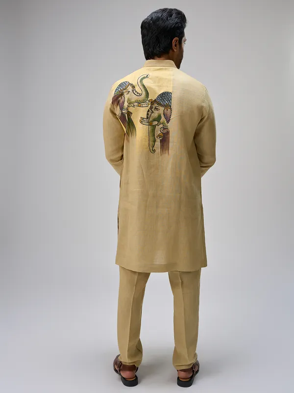 Yellow elephant painted linen kurta ensemble
