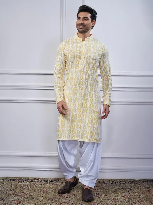 Yellow embroidery cotton kurta pajama