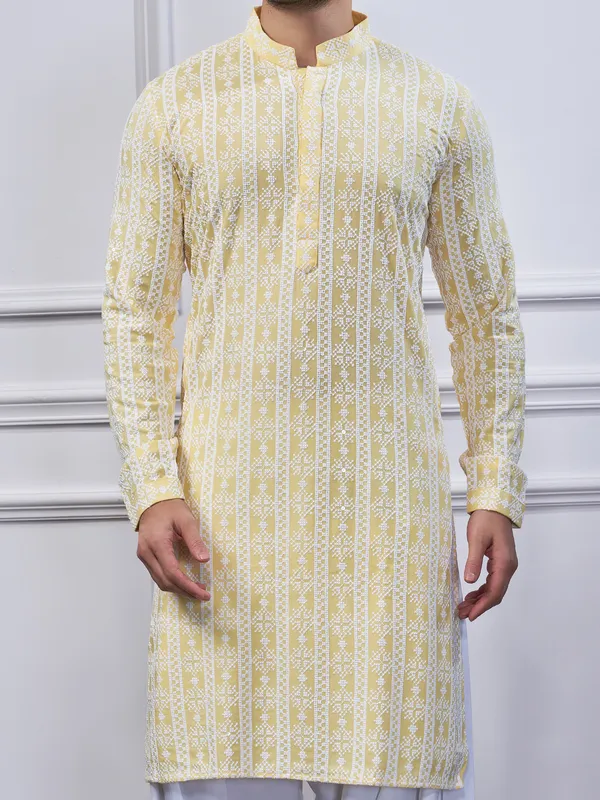 Yellow embroidery cotton kurta pajama