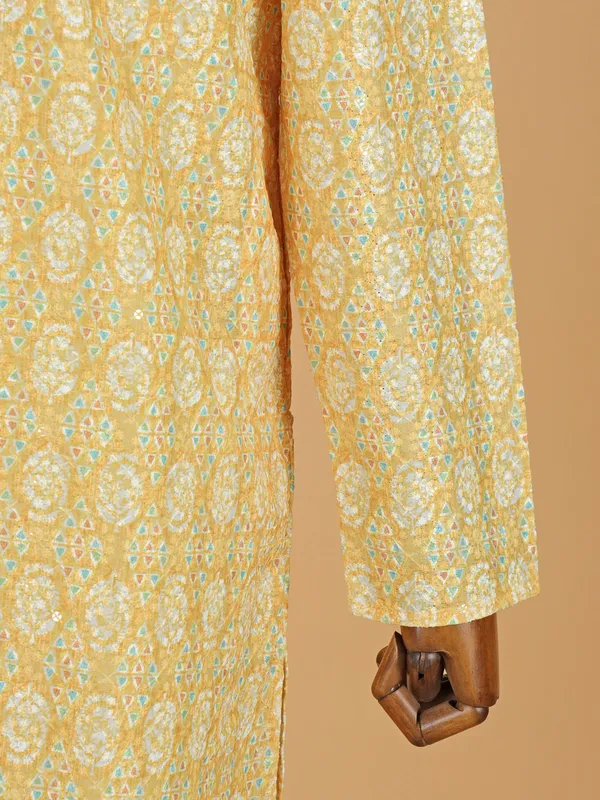 Yellow festive printed kurta suit for men