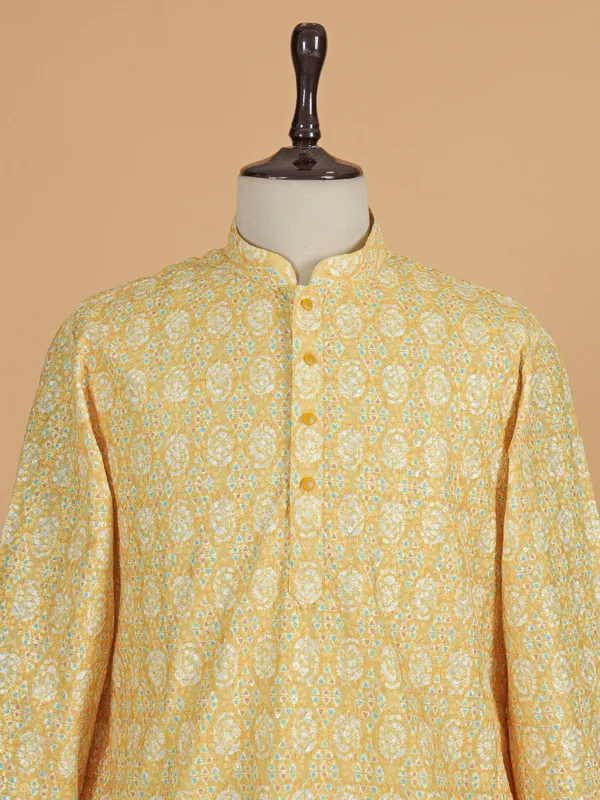 Yellow festive printed kurta suit for men