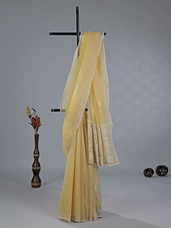Yellow festive wear cotton silk saree