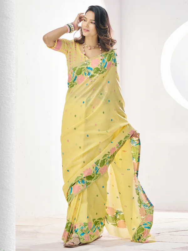 Yellow festive wear saree in soft linen