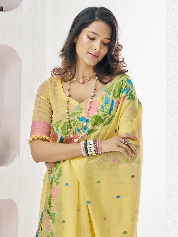 Yellow festive wear saree in soft linen