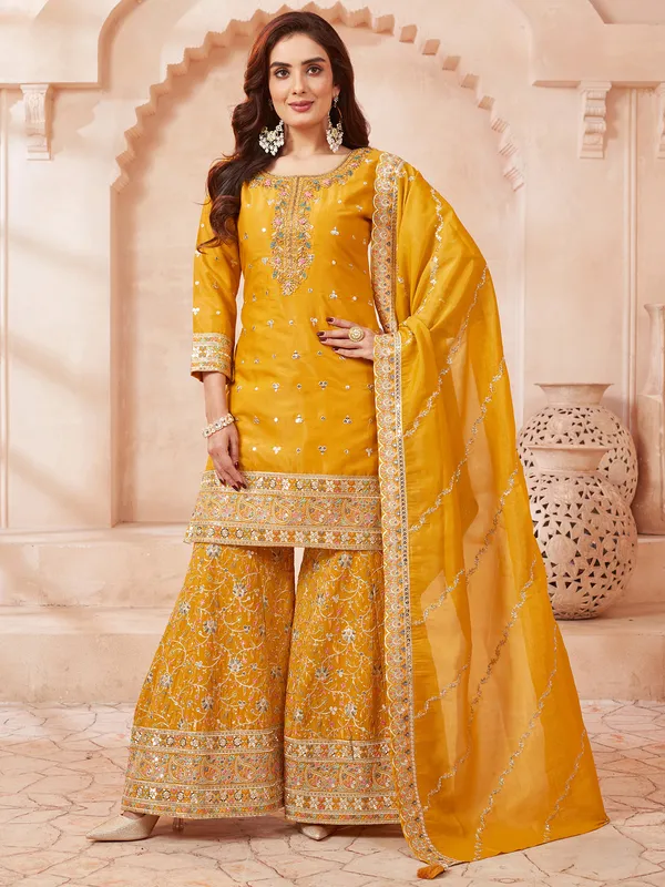 Yellow festive wear silk palazzo suit