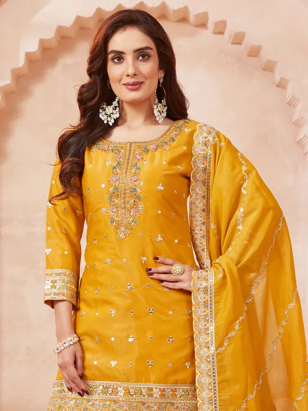 Yellow festive wear silk palazzo suit