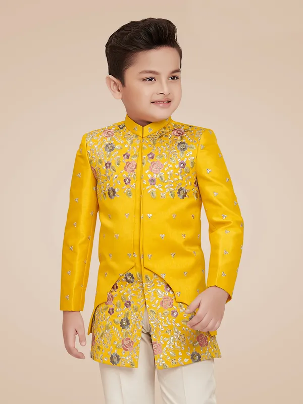 Yellow floral embroidery indowestern