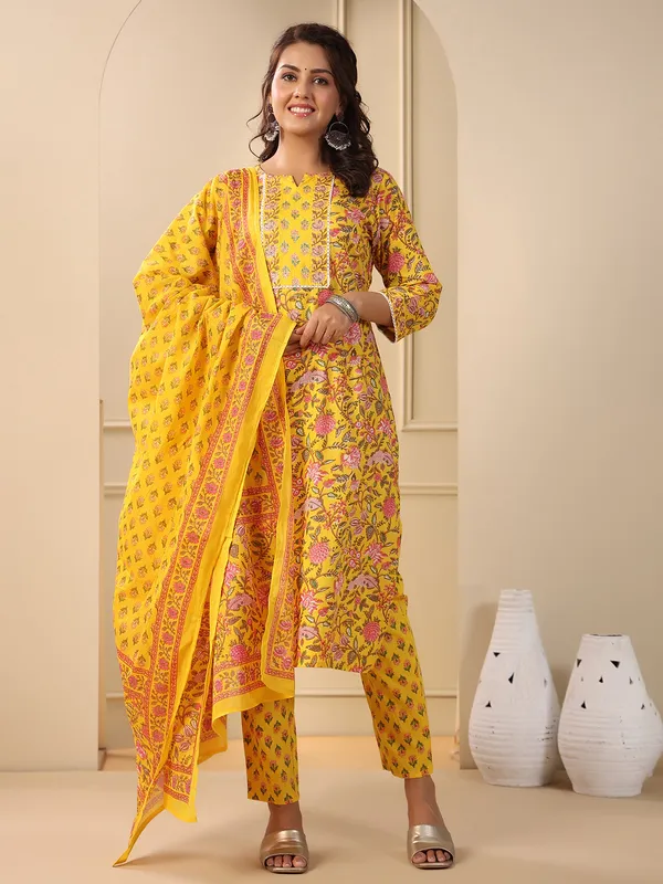 Yellow floral printed cotton kurti set