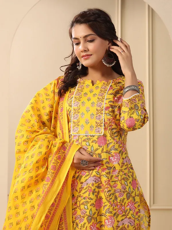 Yellow floral printed cotton kurti set