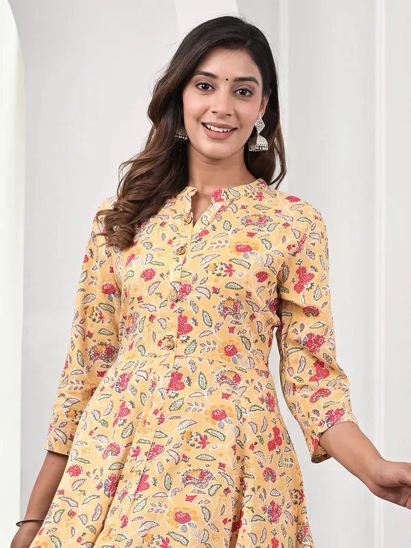 Yellow floral printed cotton long kurti