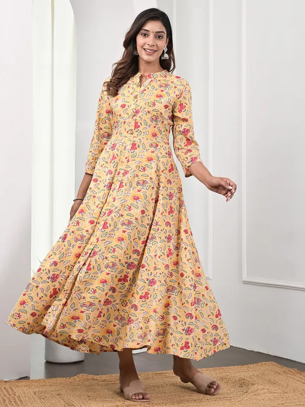 Yellow floral printed cotton long kurti