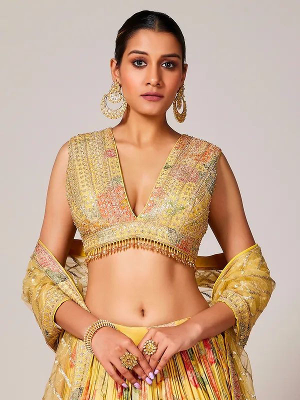 Yellow floral printed lehenga choli in silk