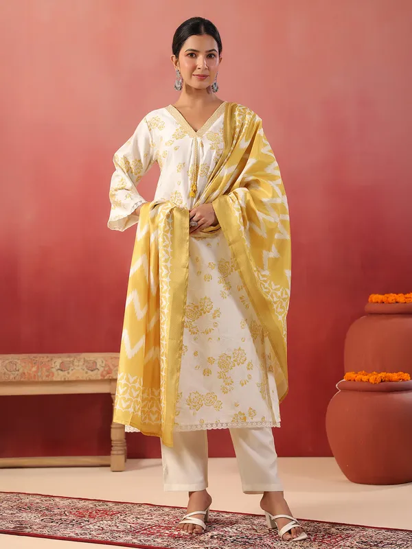 Yellow floral printed silk kurti set with dupatta