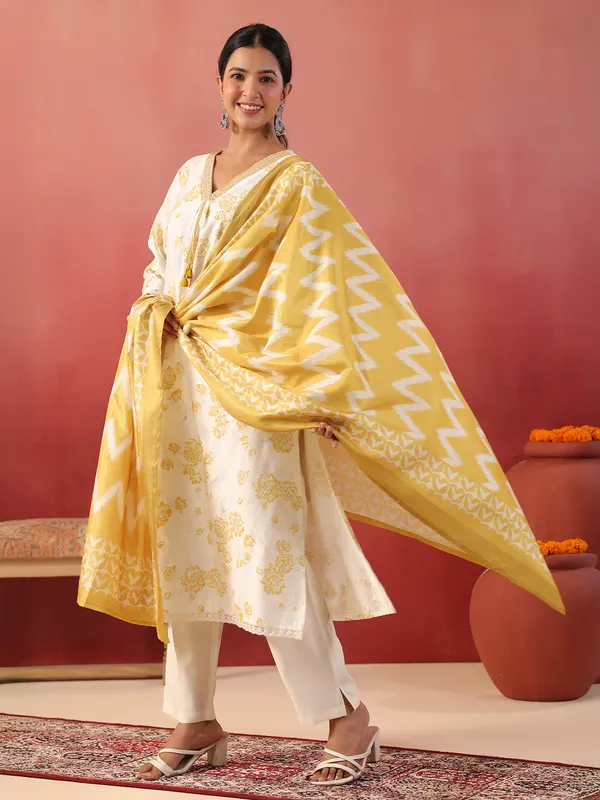 Yellow floral printed silk kurti set with dupatta