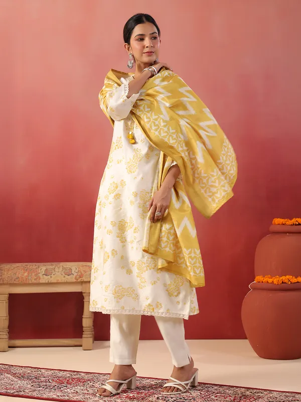 Yellow floral printed silk kurti set with dupatta