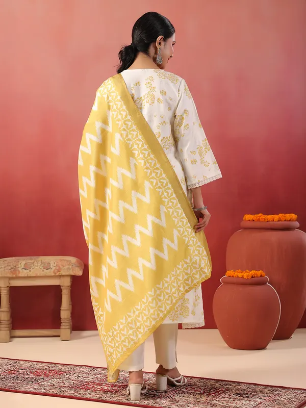 Yellow floral printed silk kurti set with dupatta