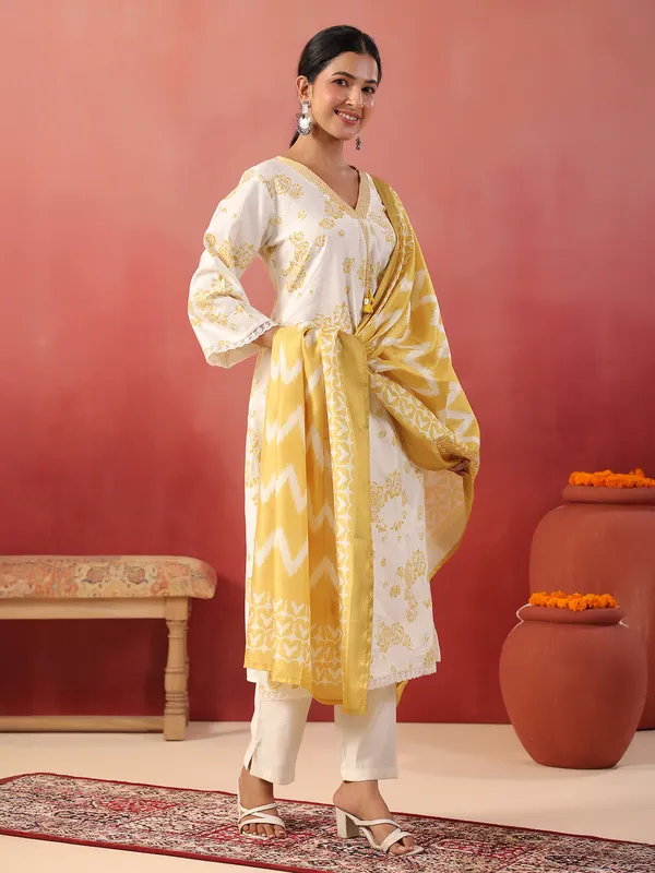 Yellow floral printed silk kurti set with dupatta