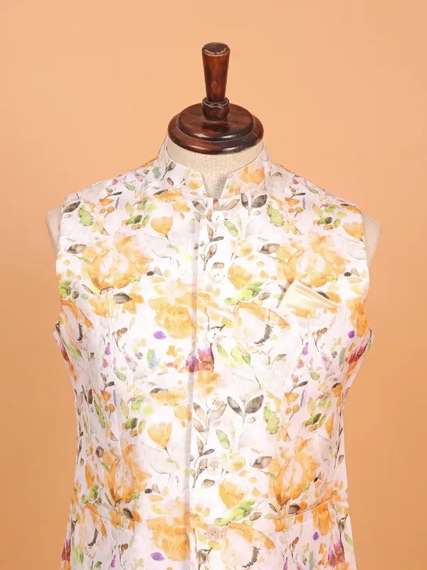 Yellow floral printed waist coat for men