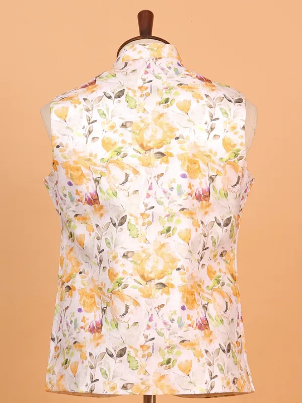 Yellow floral printed waist coat for men