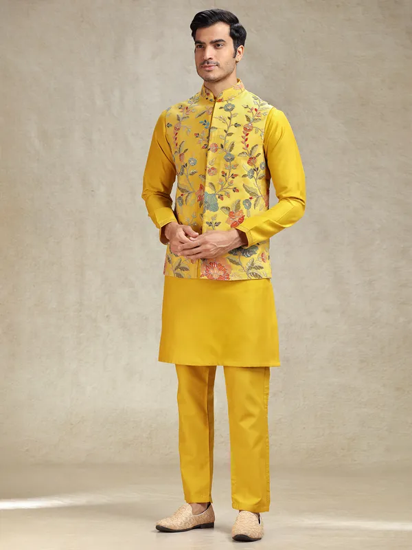 Yellow flower pattern waistcoat set for haldi look