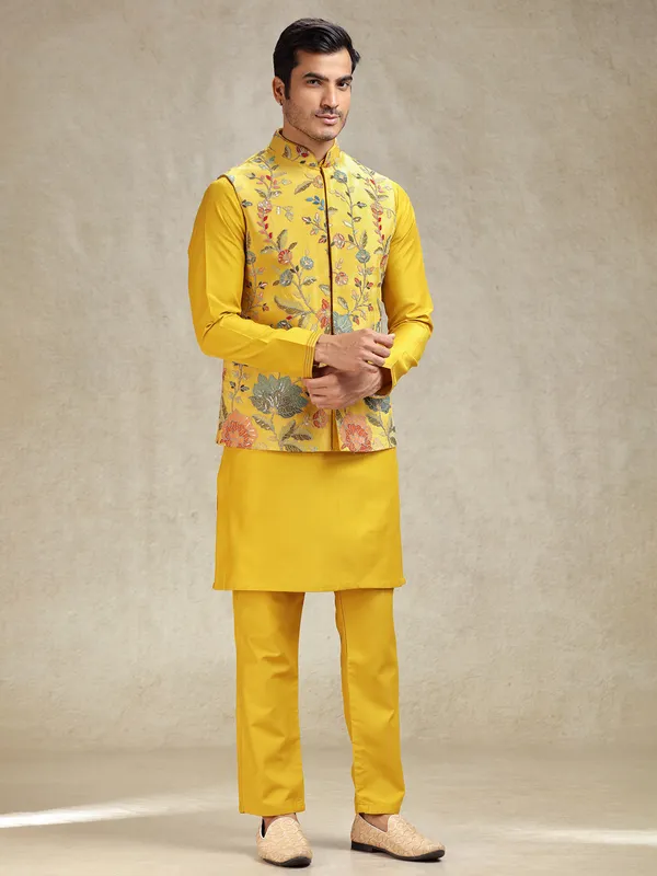 Yellow flower pattern waistcoat set for haldi look