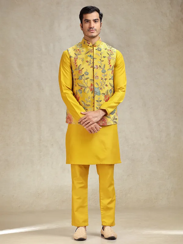Yellow flower pattern waistcoat set for haldi look