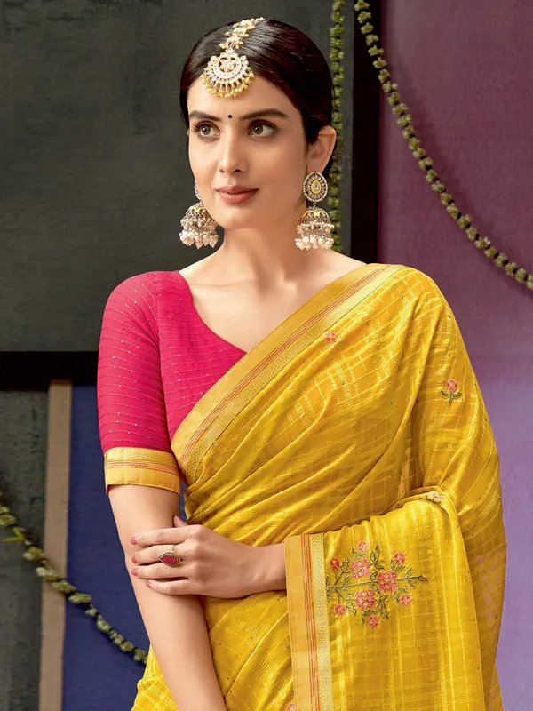 Yellow georgette checks saree