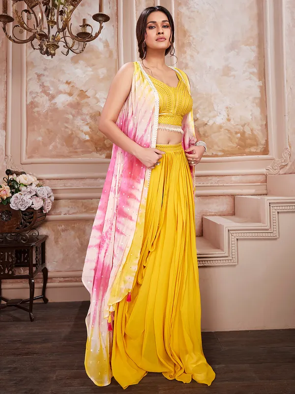 Yellow georgette designer suit wih shrug