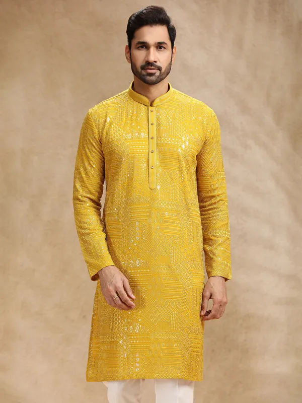 Yellow georgette festive kurta pajama for men