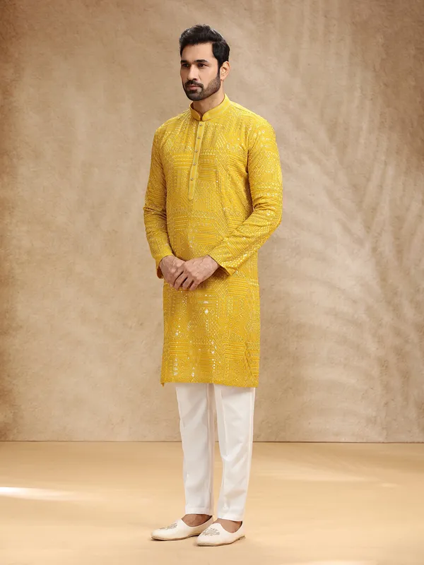Yellow georgette festive kurta pajama for men