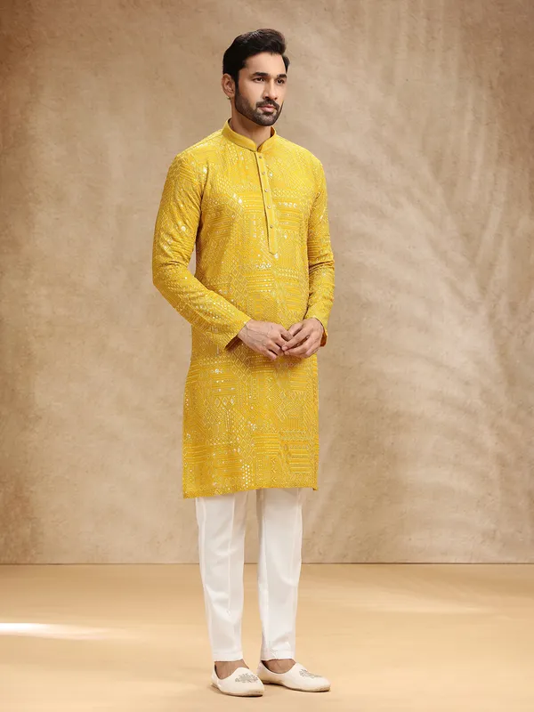 Yellow georgette festive kurta pajama for men